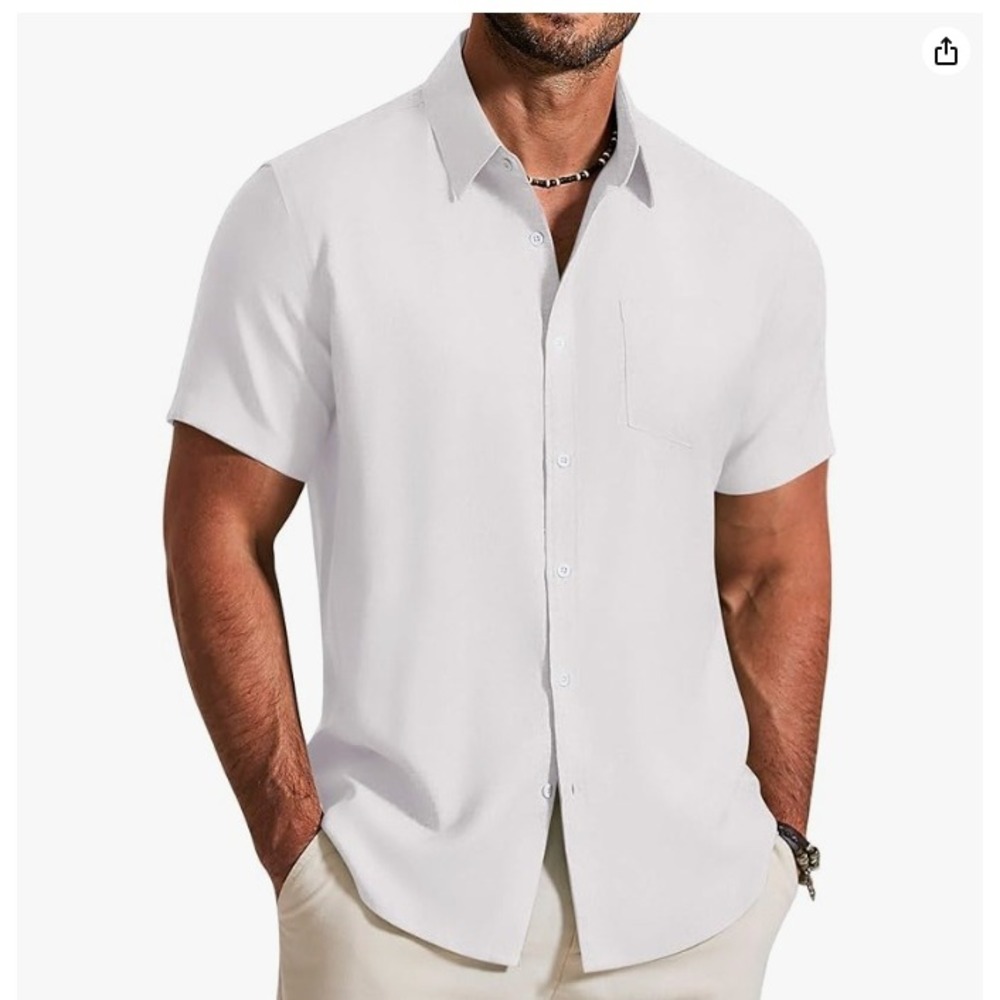 Mens White Casual Short Sleeve‎ Button Up Shirt Size XL Beach Beach PreppyRetro